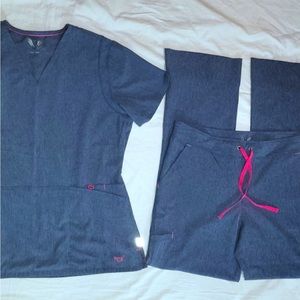 Smitten scrub set in heather denim blue. Large top and medium bottom.